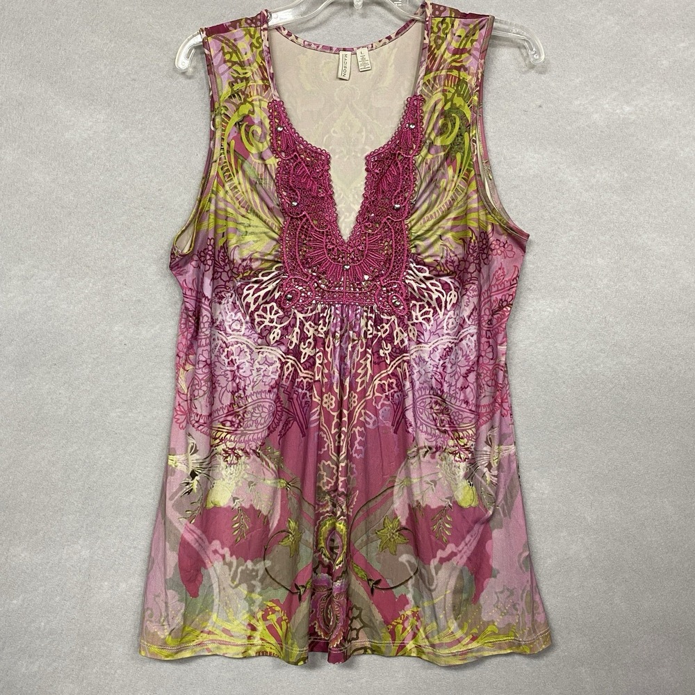 Madison Womens L Sleeveless Top Pink Paisley Lace Y2K Boho Funky Blouse